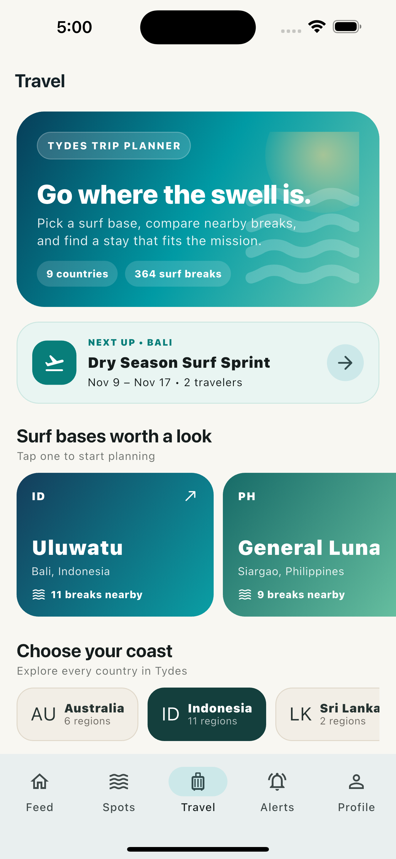 Tydes Travel tab showing a Bali surf trip and recommended surf bases